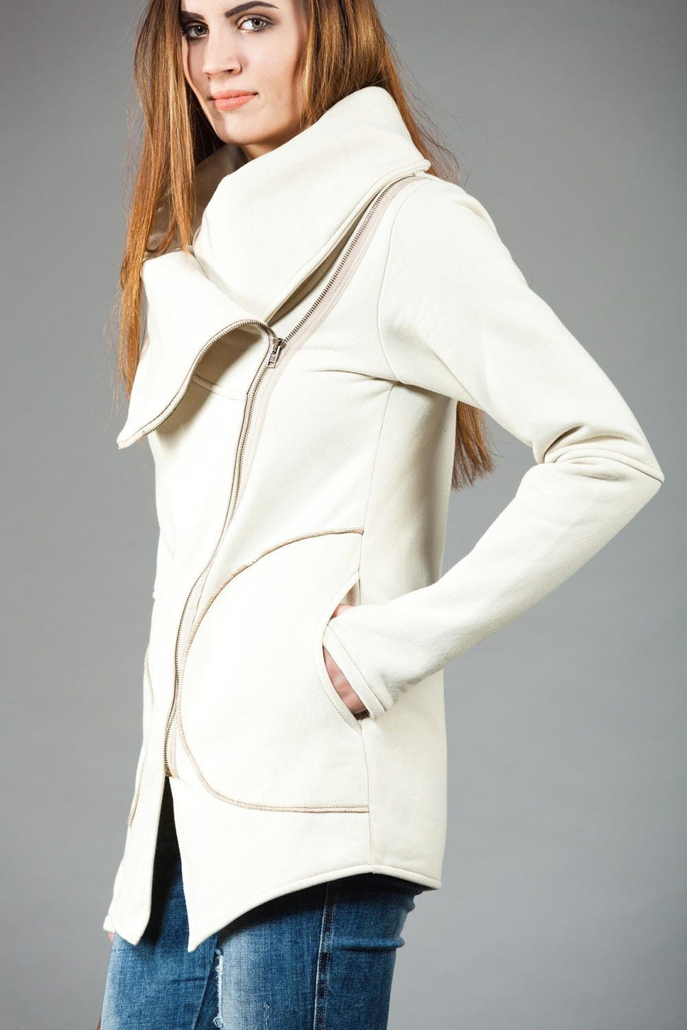 Custom Womens Clothing, Autumn  Style Women Coat, Personalized Gifts, Cowl Neck Coat, Asymmetrical Jacket, Warm Zipper Coat, Cozy Clothing