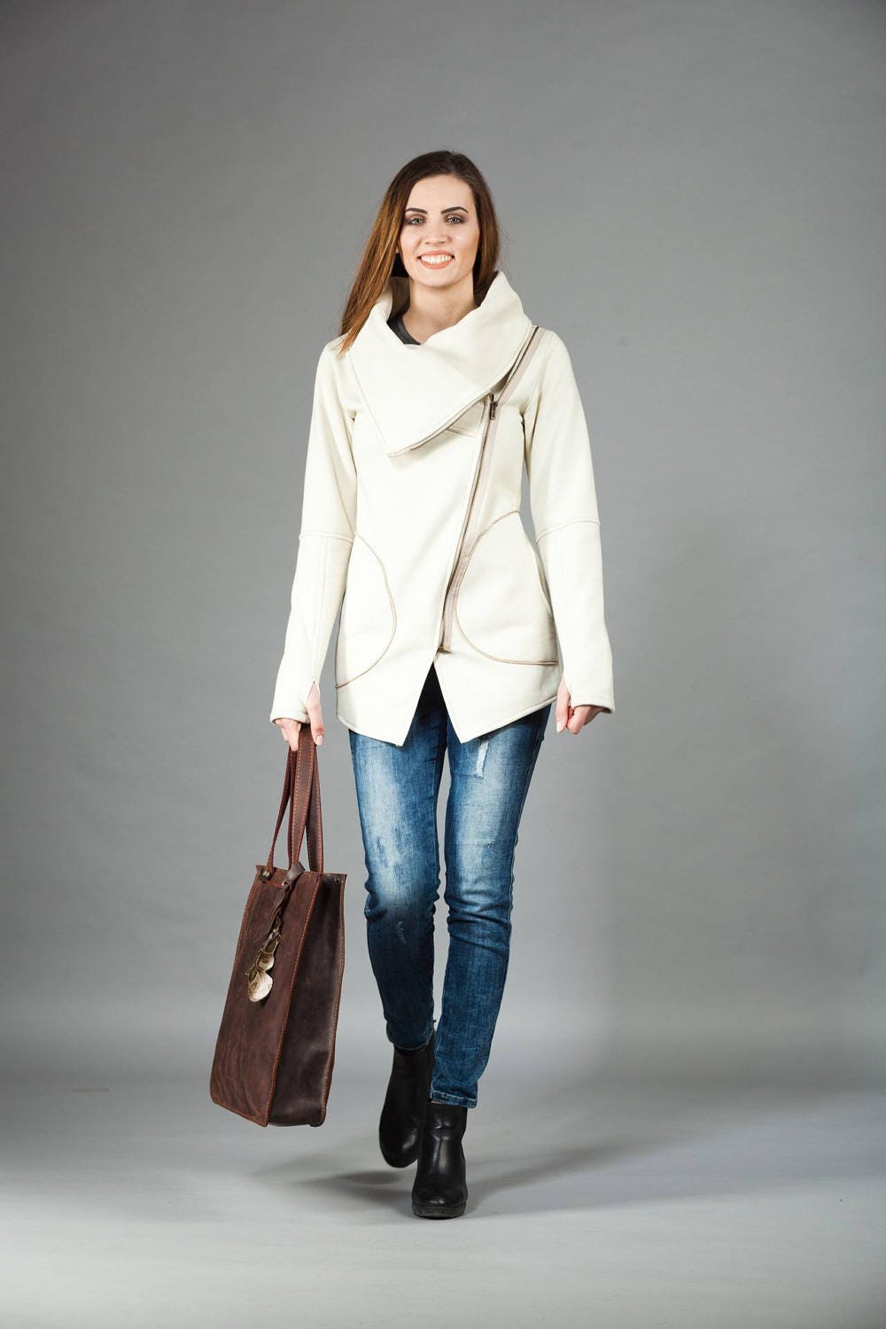 Custom Womens Clothing, Autumn  Style Women Coat, Personalized Gifts, Cowl Neck Coat, Asymmetrical Jacket, Warm Zipper Coat, Cozy Clothing