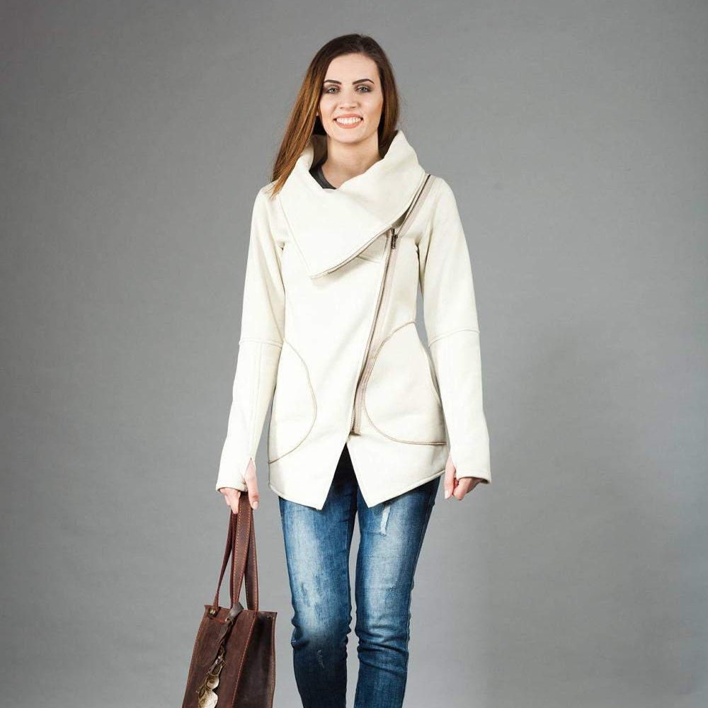 Custom Womens Clothing, Autumn  Style Women Coat, Personalized Gifts, Cowl Neck Coat, Asymmetrical Jacket, Warm Zipper Coat, Cozy Clothing
