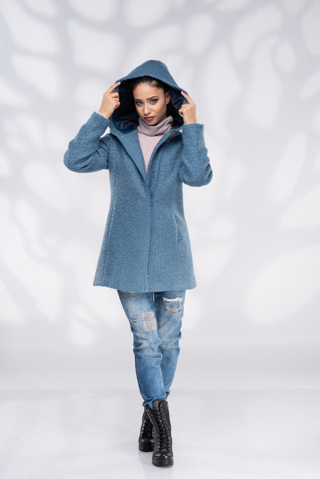 Wool Coat Women, Short Hooded Coat with Zipper