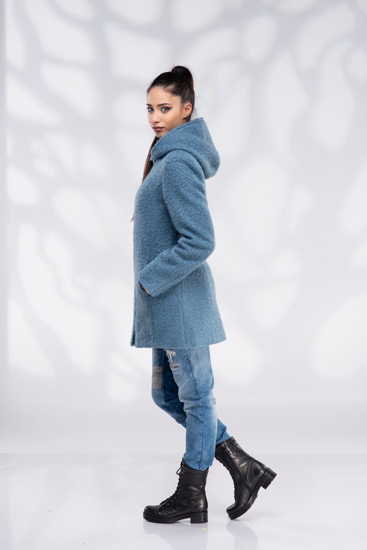 Wool Coat Women, Short Hooded Coat with Zipper