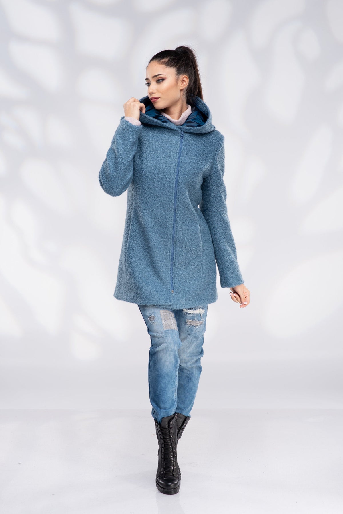 Wool Coat Women, Short Hooded Coat with Zipper