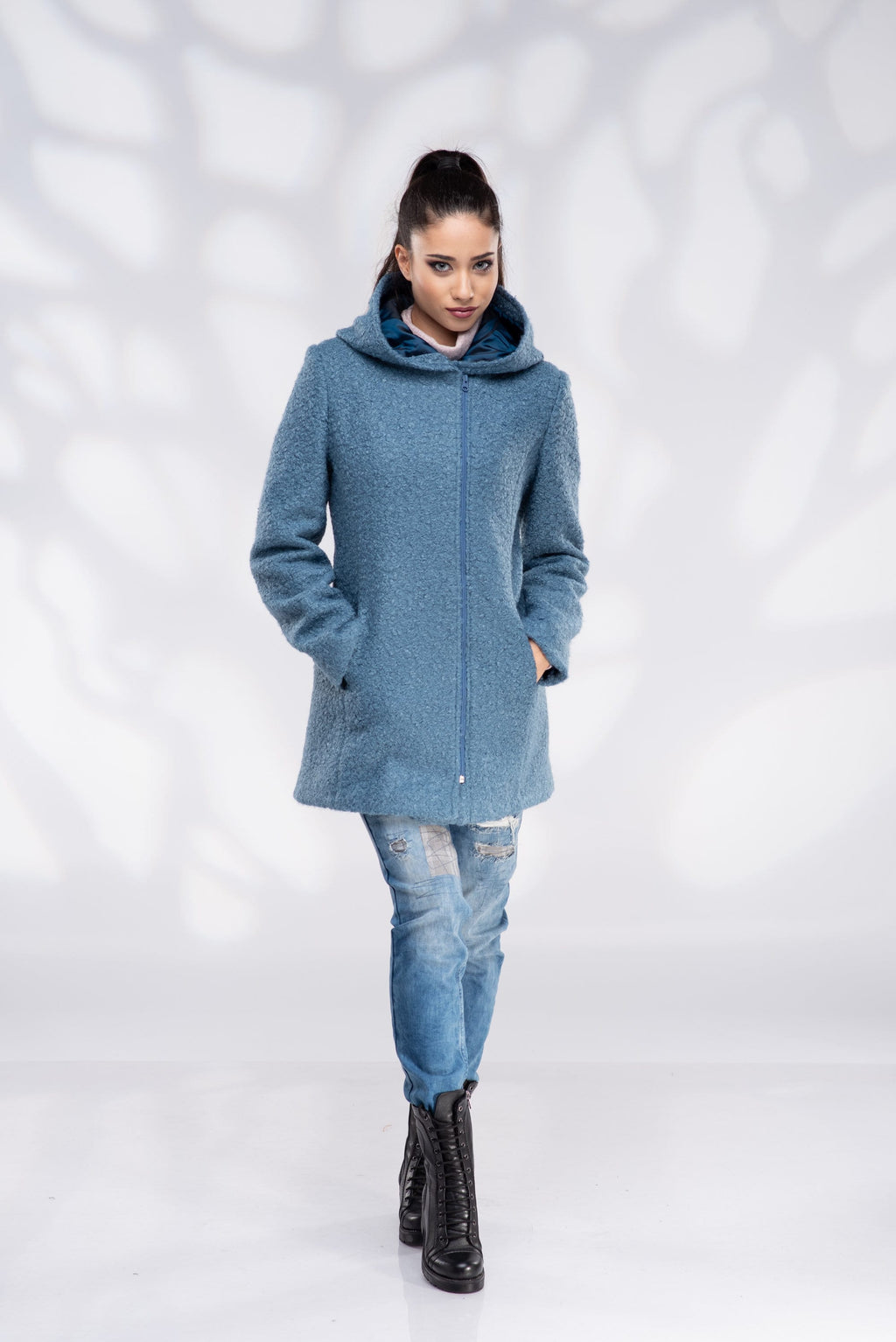 Wool Coat Women, Short Hooded Coat with Zipper