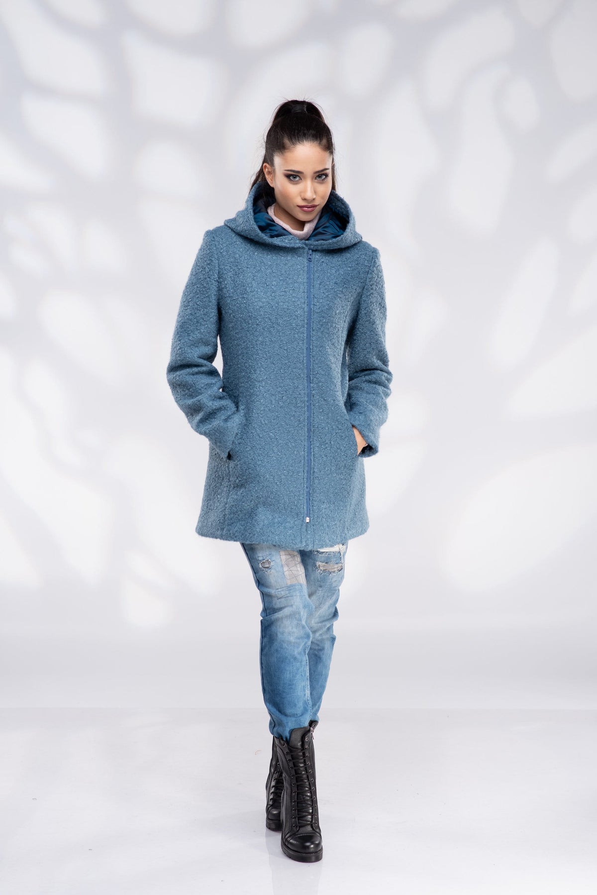 Wool Coat Women, Short Hooded Coat with Zipper