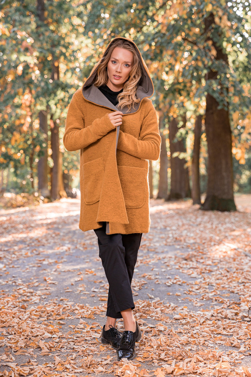 Boiled Wool Cardigan, Mustard Hooded Wrap Jacket with Big Pockets