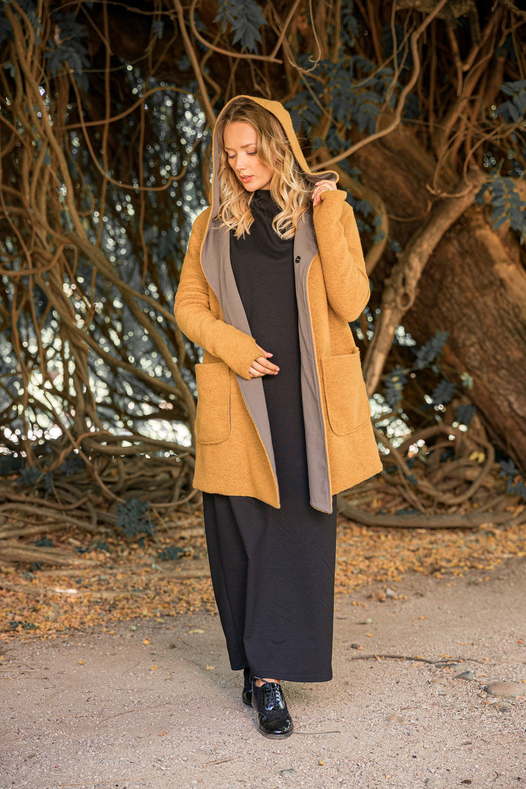 Boiled Wool Cardigan, Mustard Hooded Wrap Jacket with Big Pockets