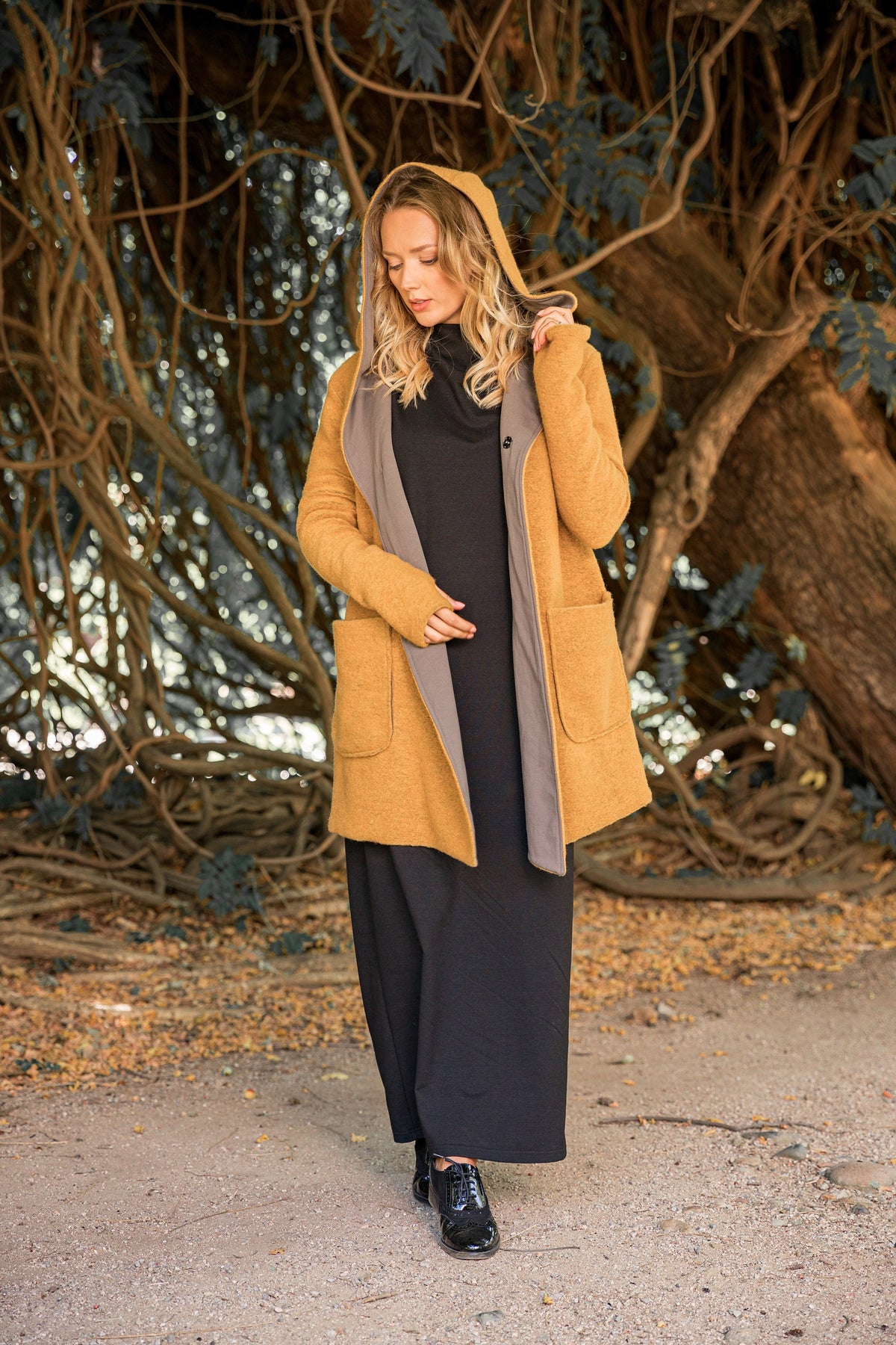 Boiled Wool Cardigan, Mustard Hooded Wrap Jacket with Big Pockets