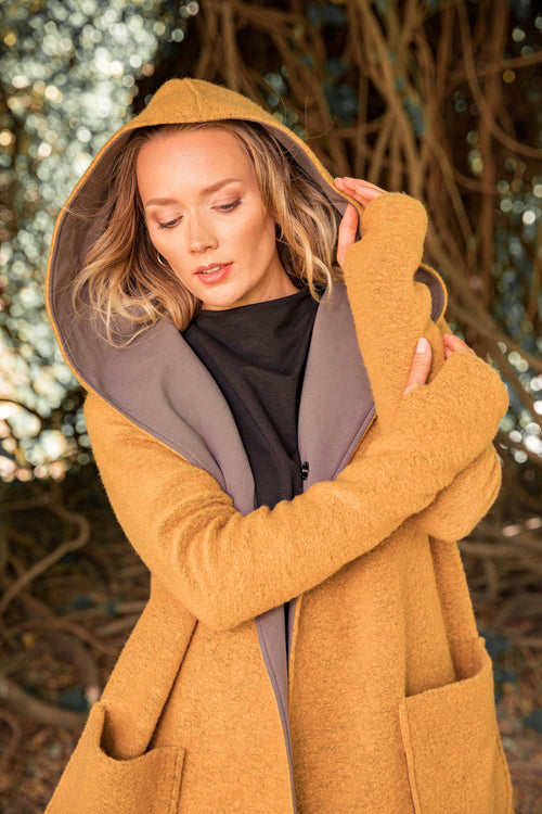 Boiled Wool Cardigan, Mustard Hooded Wrap Jacket with Big Pockets