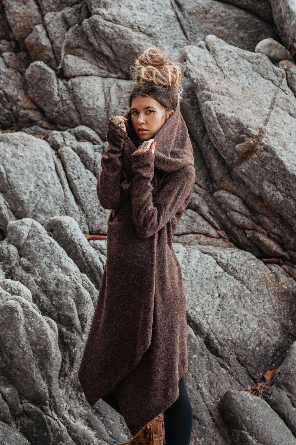 Womens Hooded Sweater Coat Amita In Olive / Half Season Coat Pullover / Bohemian