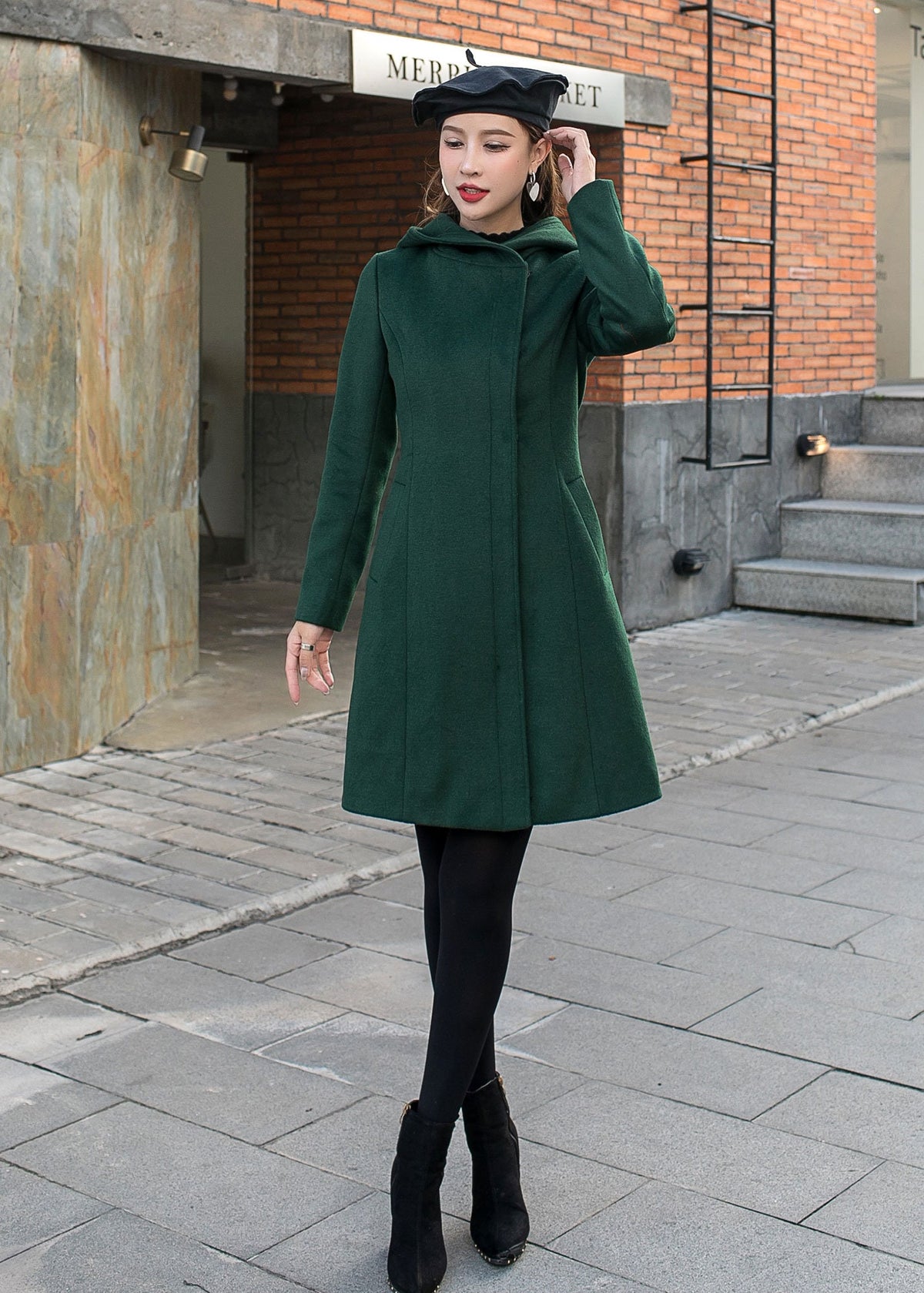 Green Hooded Wool Coat, Short wool coat, Winter wool Coat, Warm winter Coat,  Womens wool coat, Autumn winter coat, Handmade coat C2587