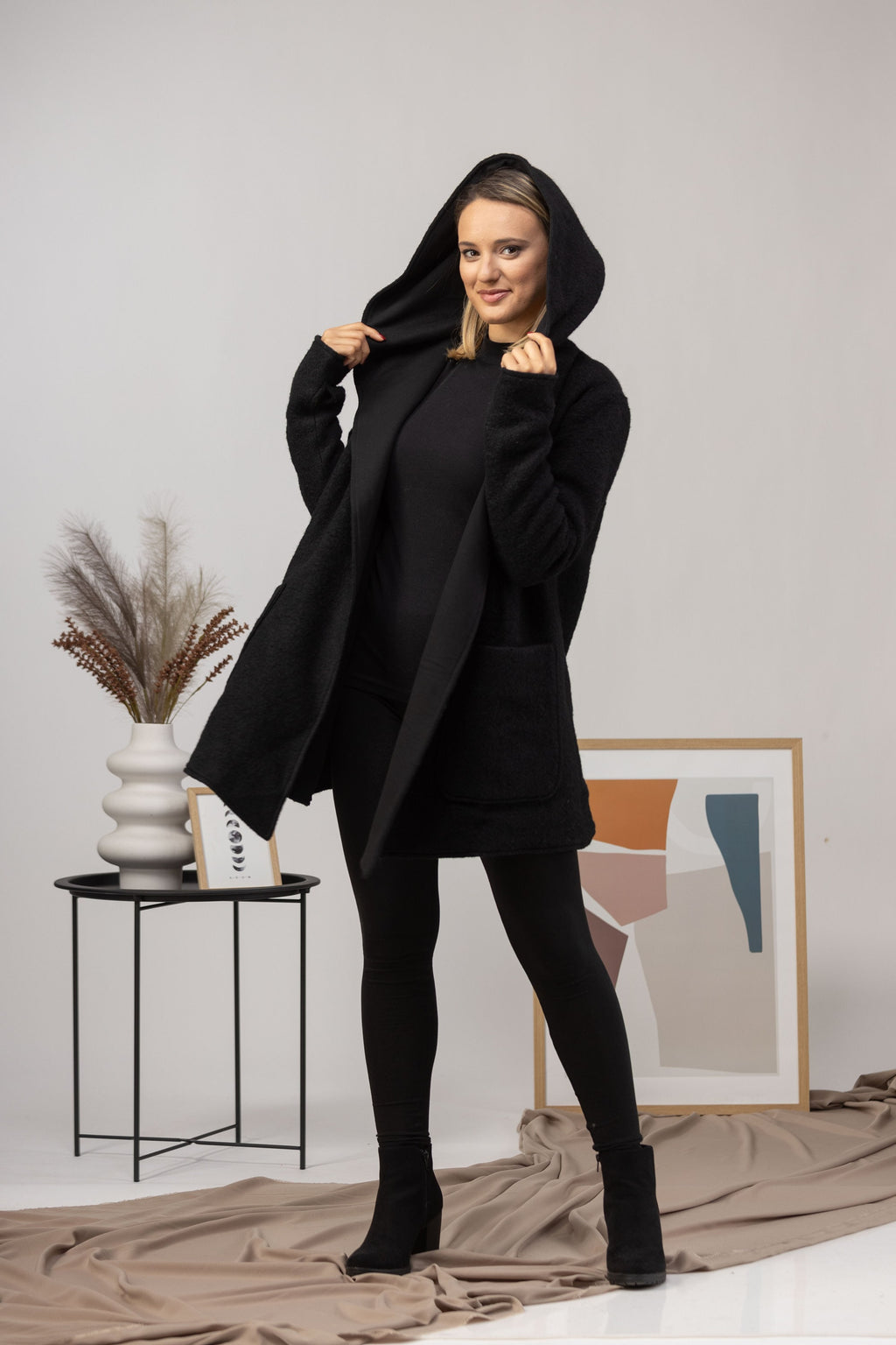 Boiled Wool Cardigan, Mustard Hooded Wrap Jacket with Big Pockets