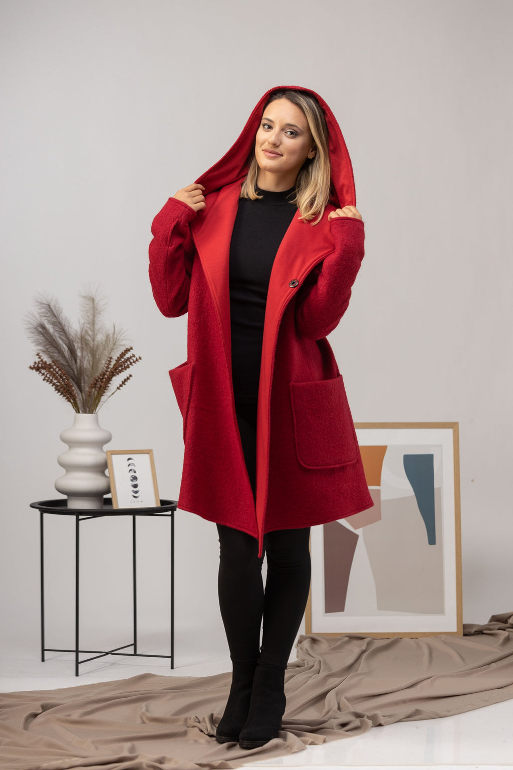 Boiled Wool Cardigan, Mustard Hooded Wrap Jacket with Big Pockets