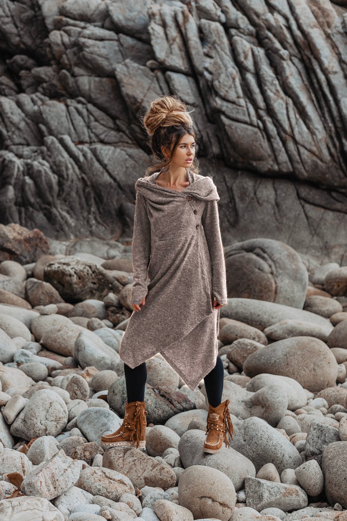 Womens Hooded Sweater Coat Amita In Olive / Half Season Coat Pullover / Bohemian