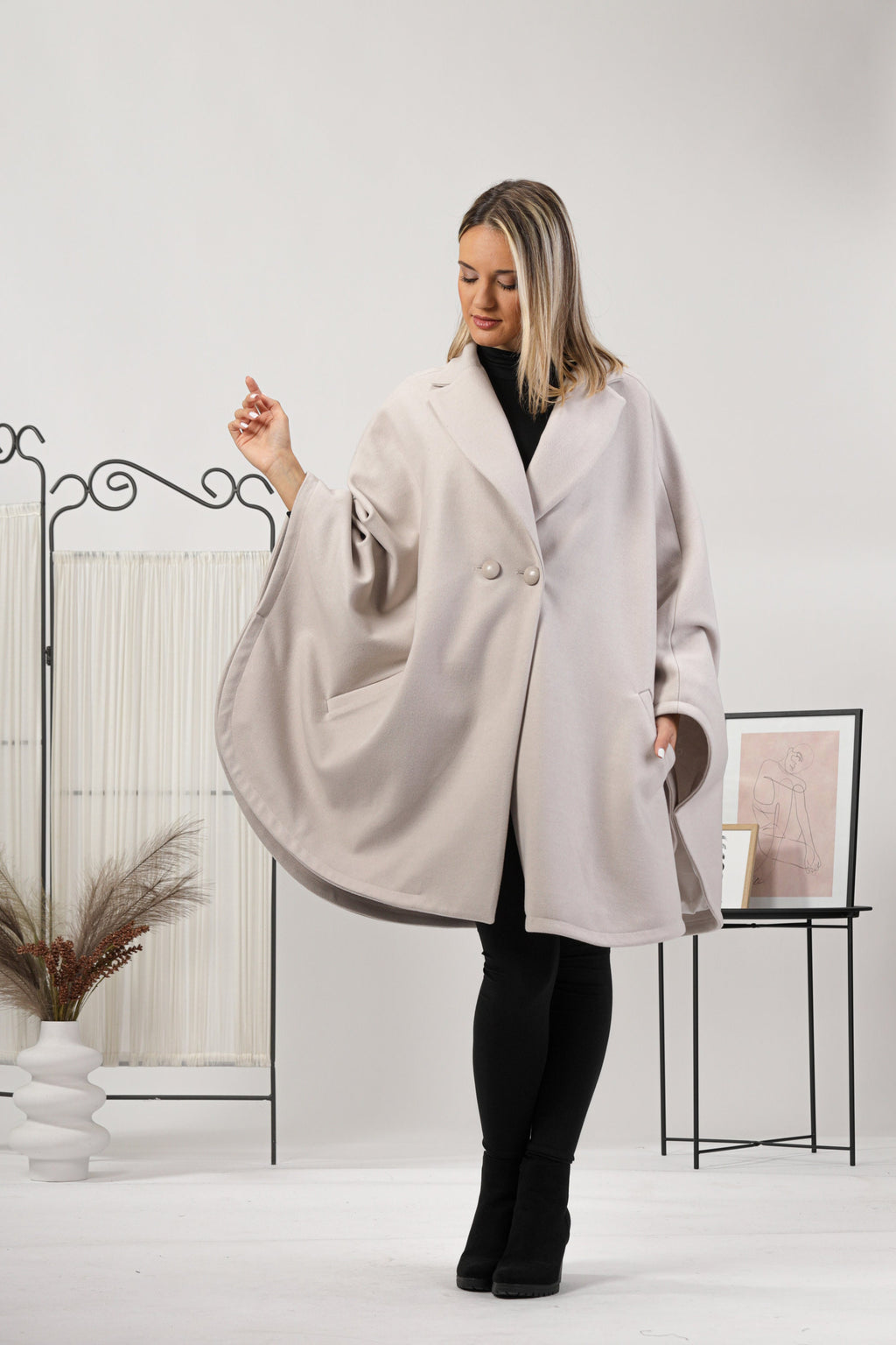 Ladies Loose Cape Coat, Poncho Cloak Overcoat, Long Renaissance Wool Mix Cape, Elegant Swing Coat in Black, Brown, Gray, Off White or Red