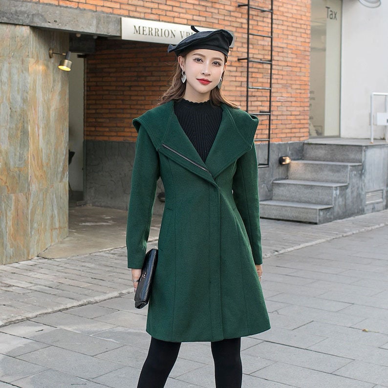 Green Hooded Wool Coat, Short wool coat, Winter wool Coat, Warm winter Coat,  Womens wool coat, Autumn winter coat, Handmade coat C2587