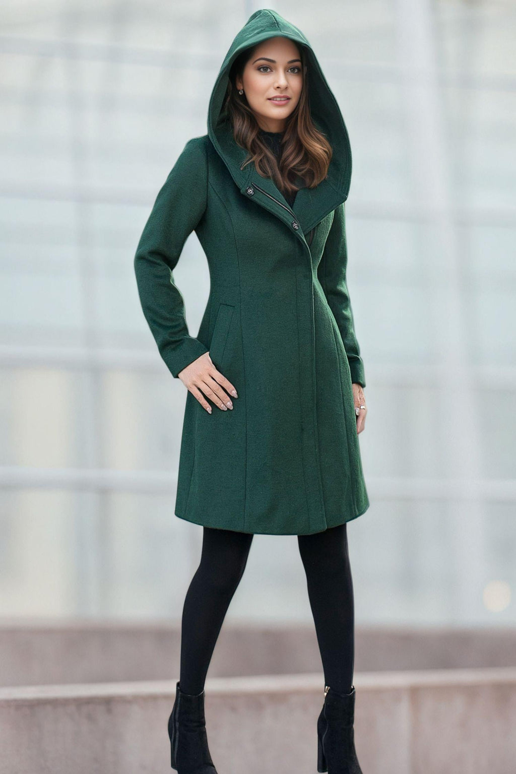 Green Hooded Wool Coat, Short wool coat, Winter wool Coat, Warm winter Coat,  Womens wool coat, Autumn winter coat, Handmade coat C2587