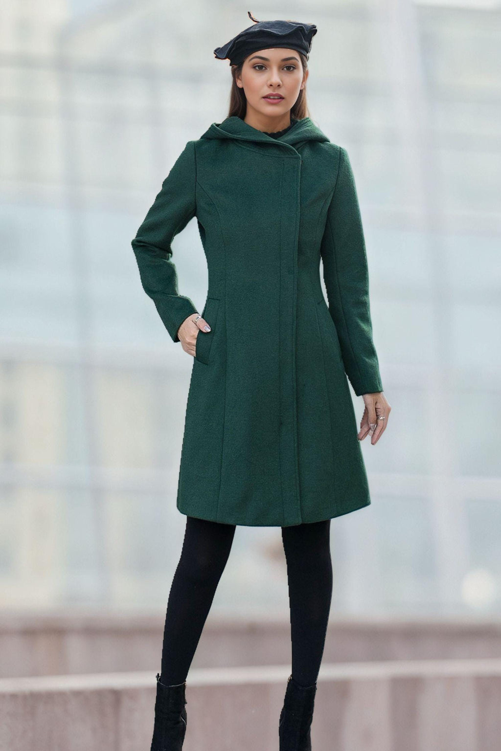 Green Hooded Wool Coat, Short wool coat, Winter wool Coat, Warm winter Coat,  Womens wool coat, Autumn winter coat, Handmade coat C2587