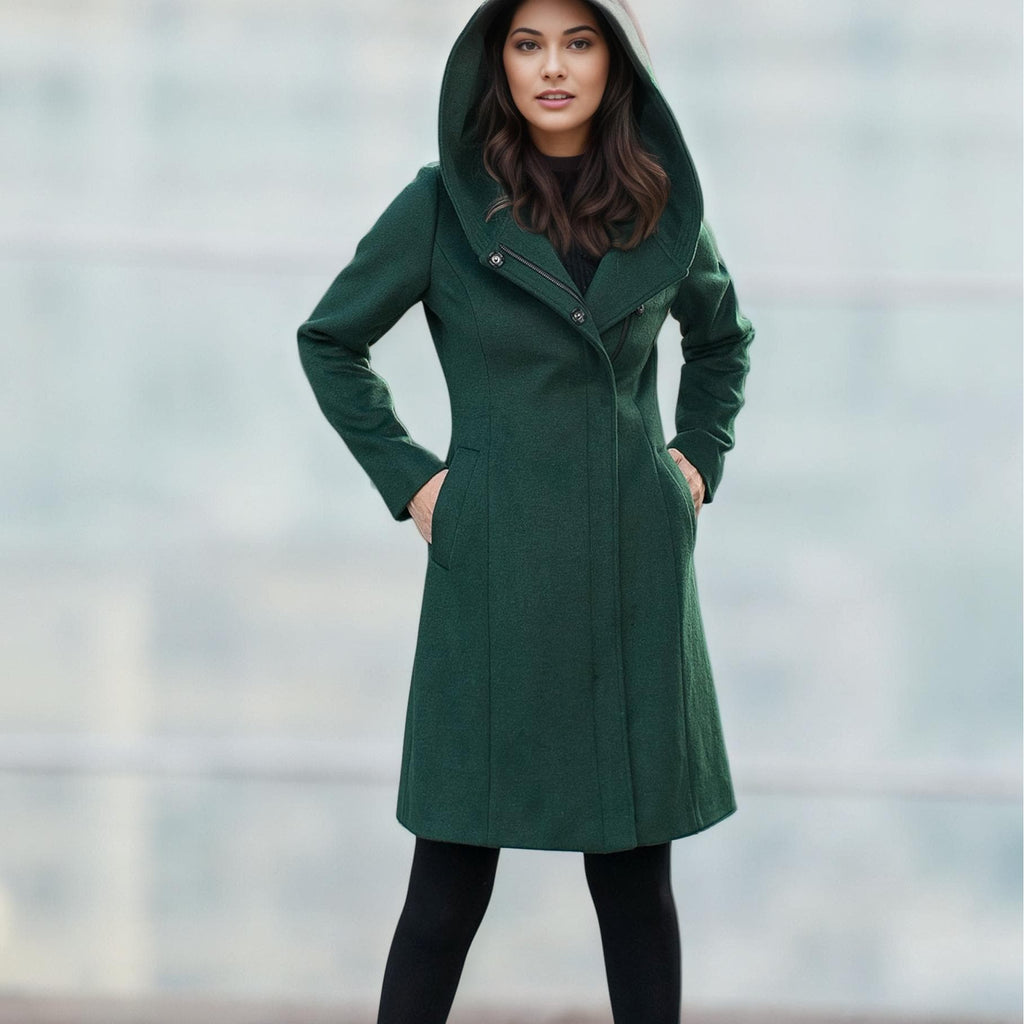 Green Hooded Wool Coat, Short wool coat, Winter wool Coat, Warm winter Coat,  Womens wool coat, Autumn winter coat, Handmade coat C2587