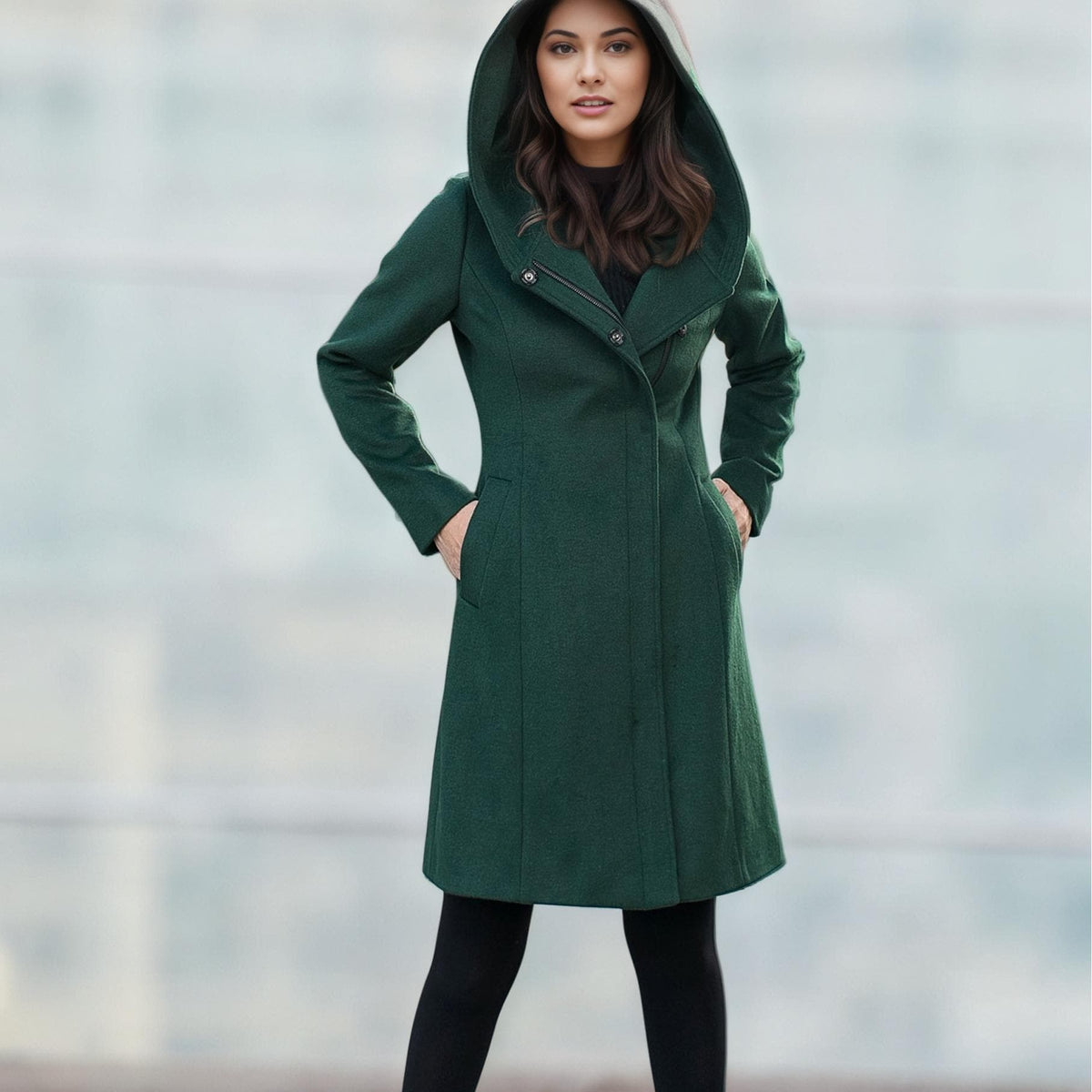 Green Hooded Wool Coat, Short wool coat, Winter wool Coat, Warm winter Coat,  Womens wool coat, Autumn winter coat, Handmade coat C2587