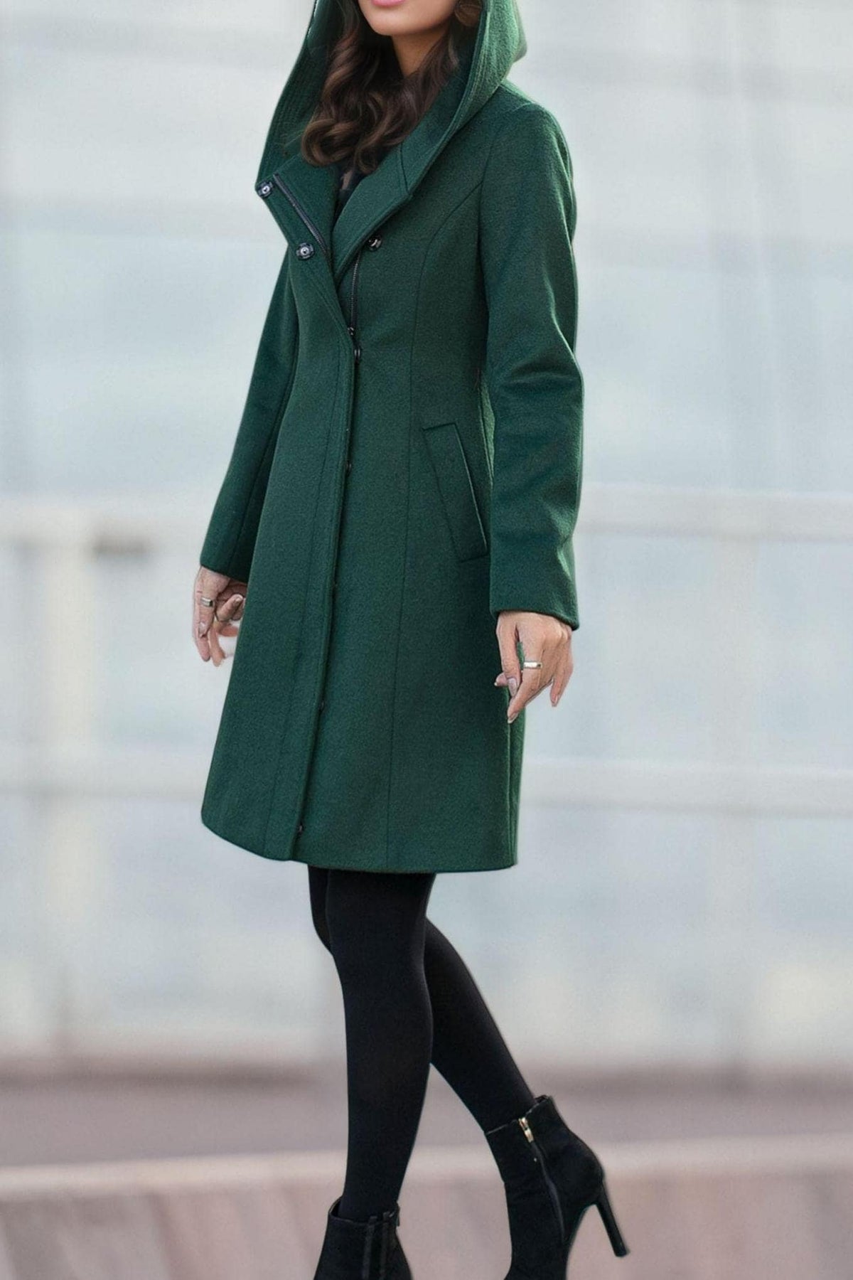 Green Hooded Wool Coat, Short wool coat, Winter wool Coat, Warm winter Coat,  Womens wool coat, Autumn winter coat, Handmade coat C2587