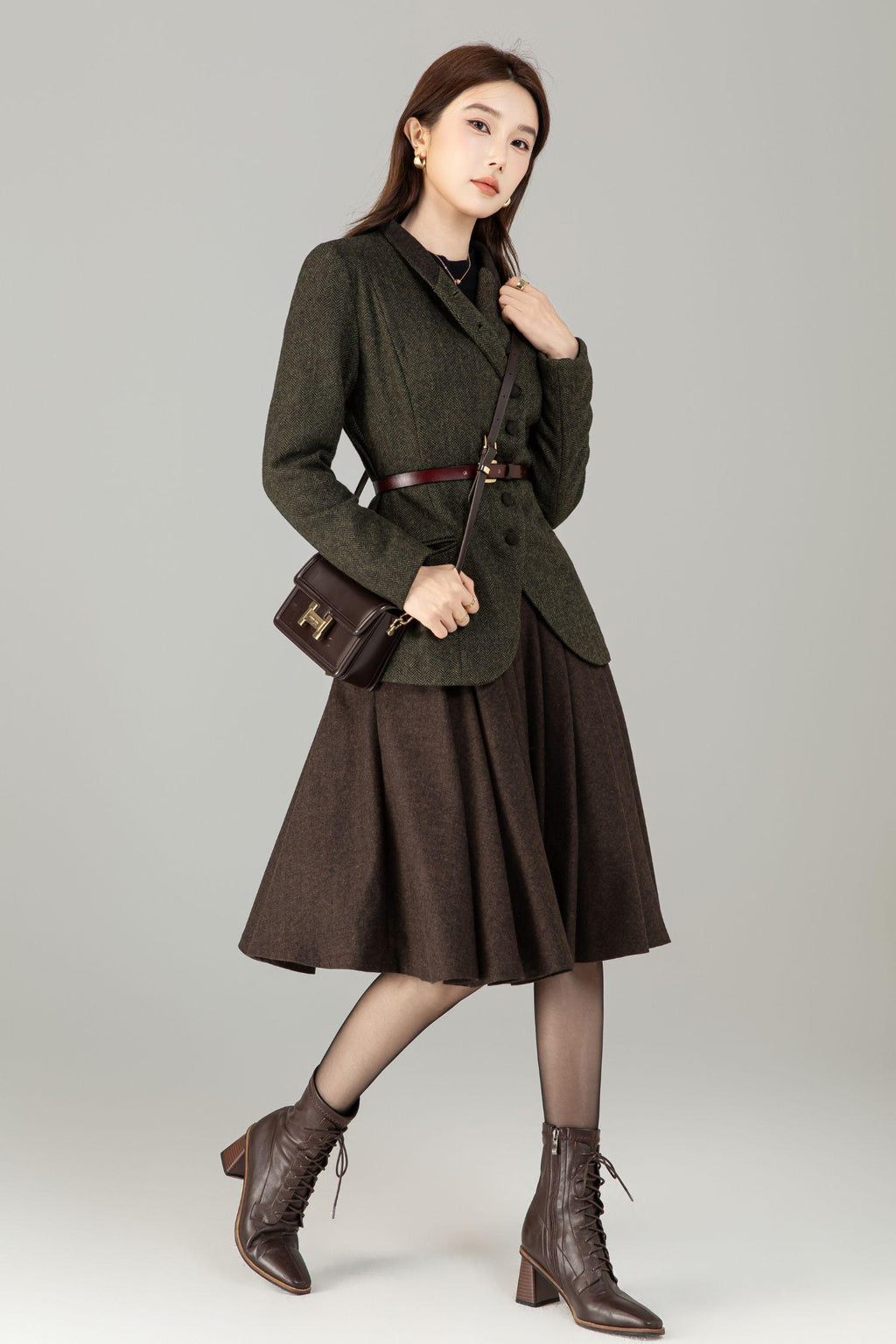 Vintage Style Wool Herringbone Blazer, Olive Green Jacket, Custom Coat, Custom, Xiaolizi 6496#