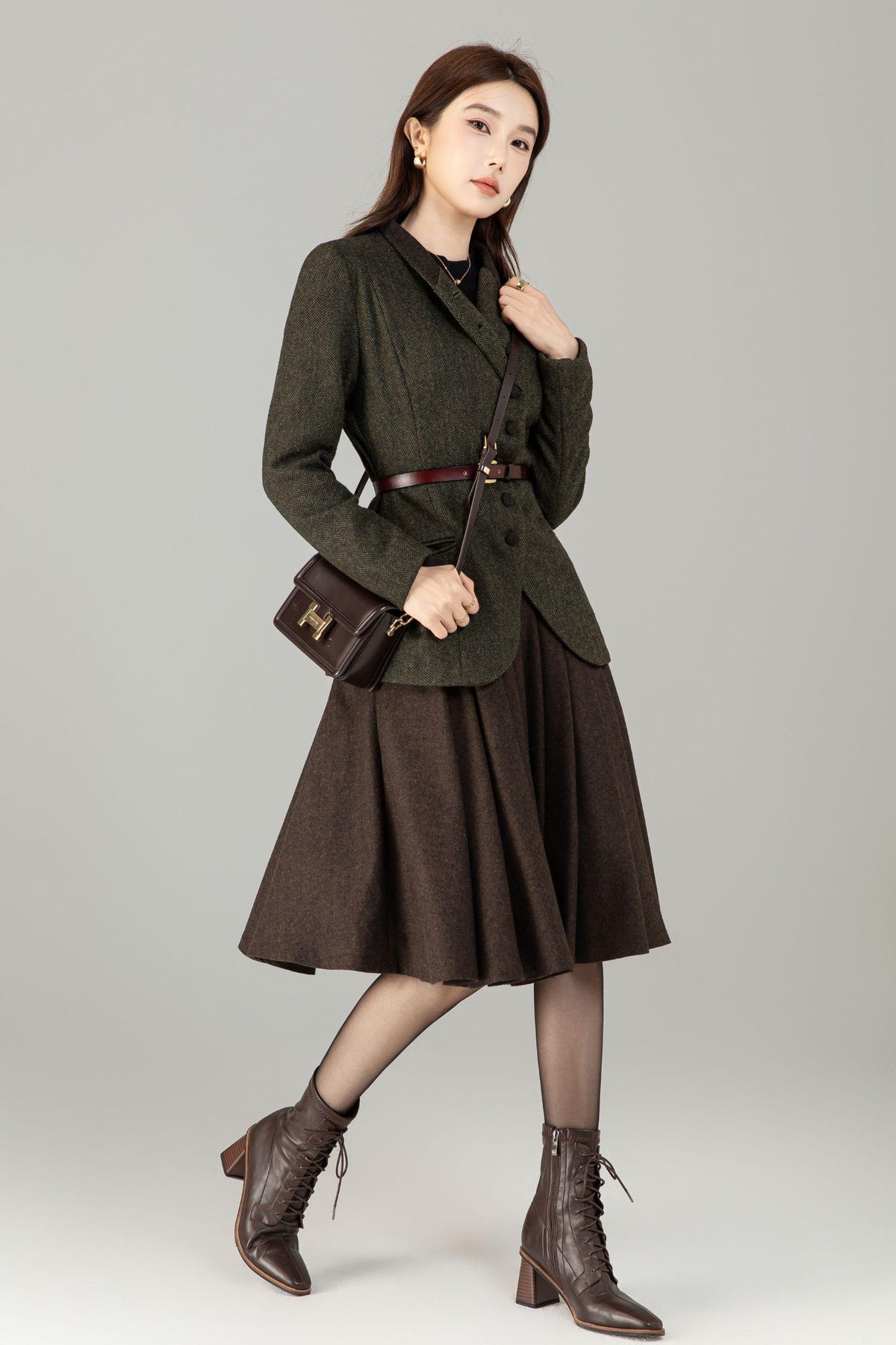 Vintage Style Wool Herringbone Blazer, Olive Green Jacket, Custom Coat, Custom, Xiaolizi 6496#