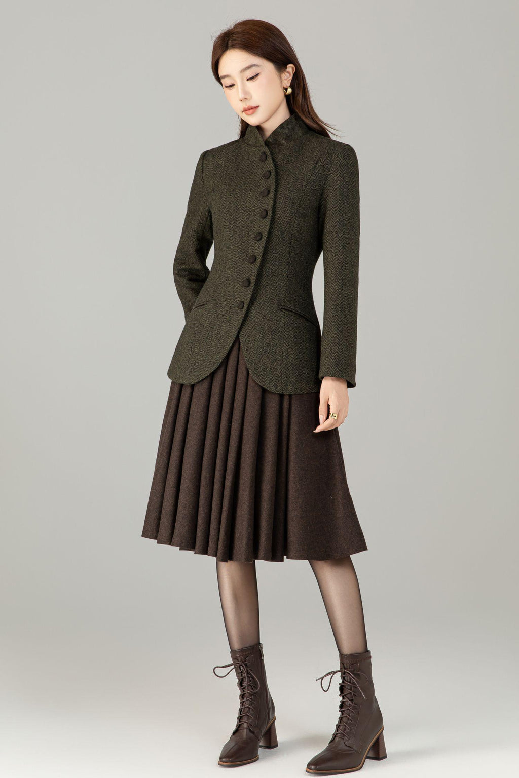 Vintage Style Wool Herringbone Blazer, Olive Green Jacket, Custom Coat, Custom, Xiaolizi 6496#