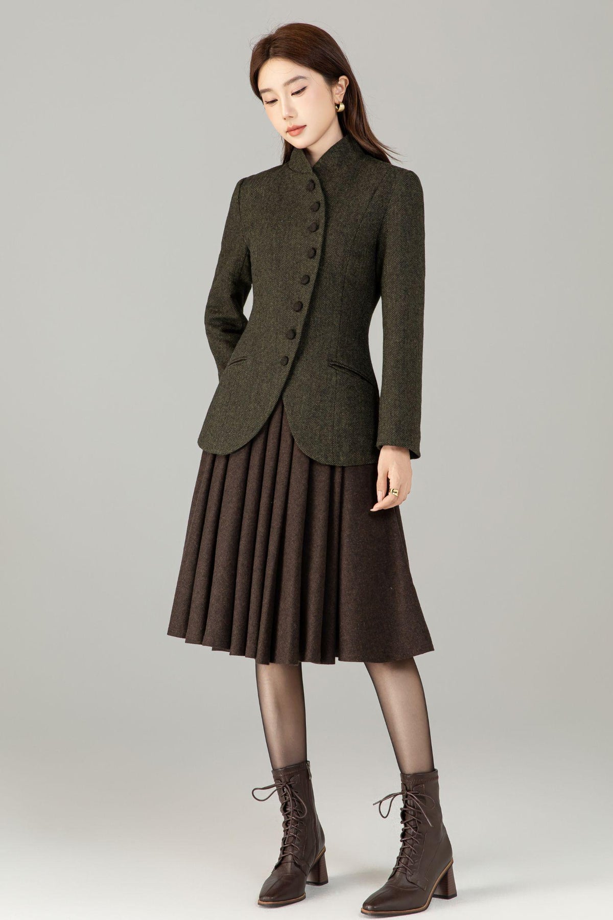 Vintage Style Wool Herringbone Blazer, Olive Green Jacket, Custom Coat, Custom, Xiaolizi 6496#