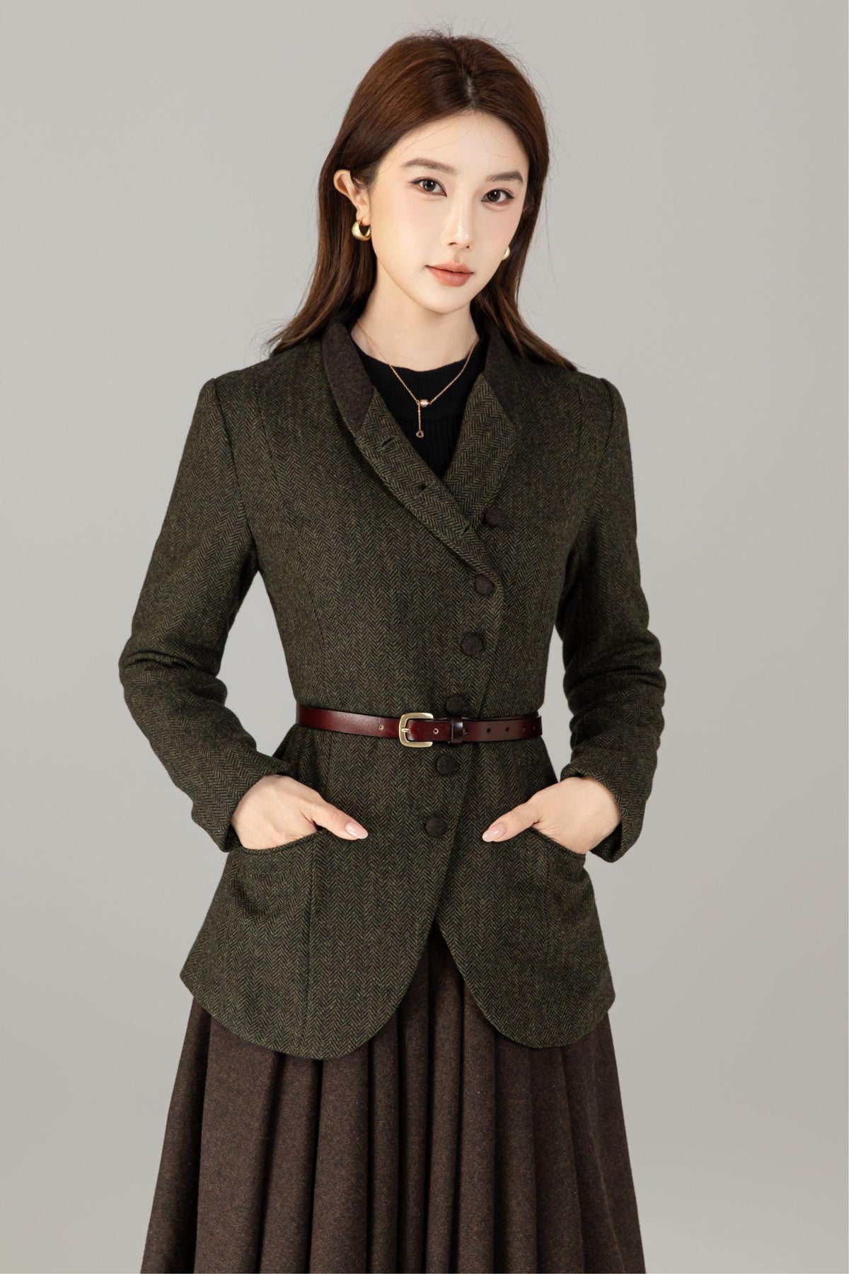 Vintage Style Wool Herringbone Blazer, Olive Green Jacket, Custom Coat, Custom, Xiaolizi 6496#