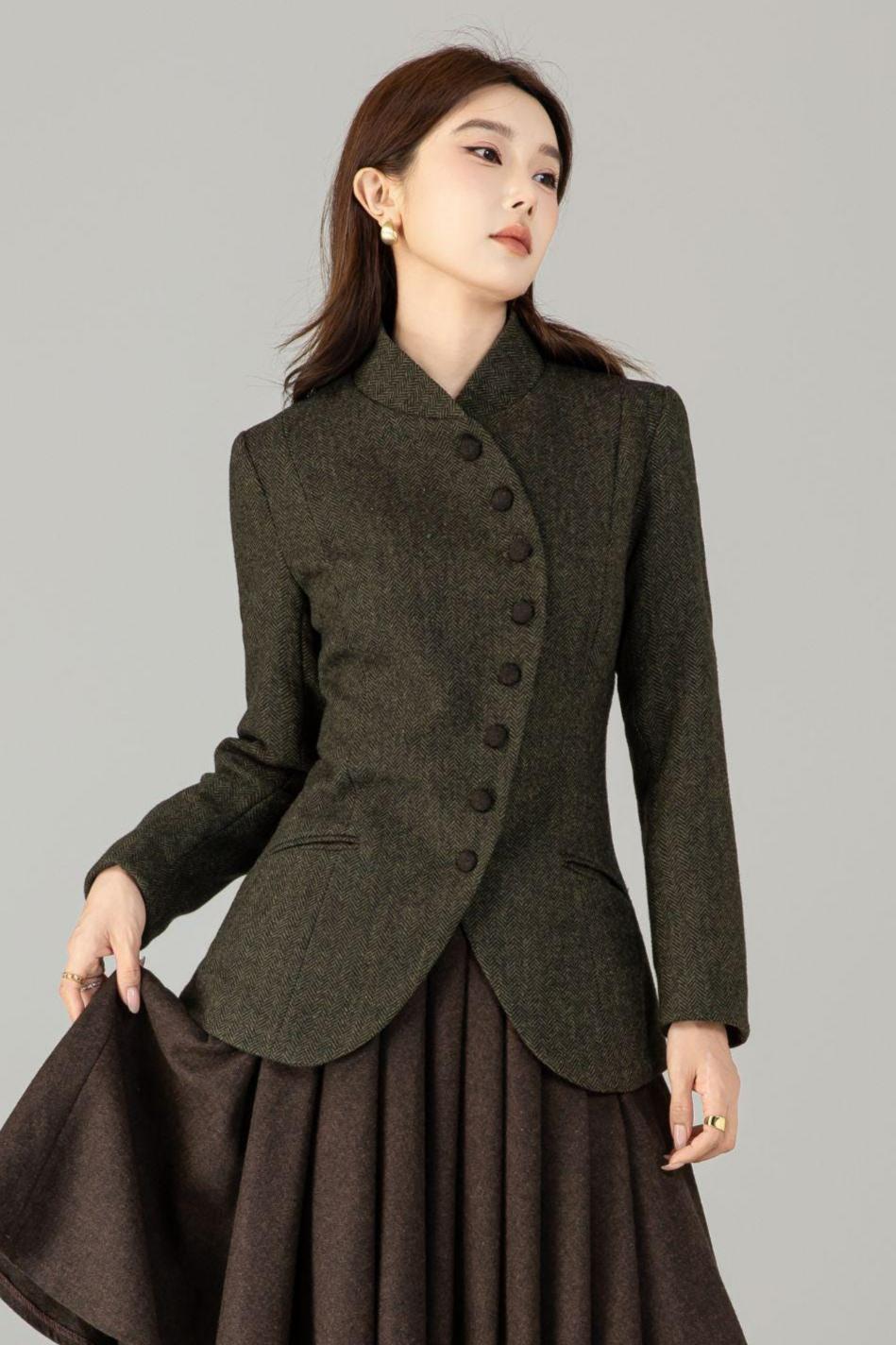 Vintage Style Wool Herringbone Blazer, Olive Green Jacket, Custom Coat, Custom, Xiaolizi 6496#