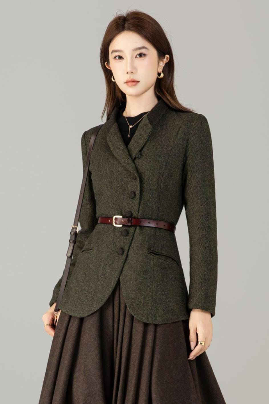 Vintage Style Wool Herringbone Blazer, Olive Green Jacket, Custom Coat, Custom, Xiaolizi 6496#