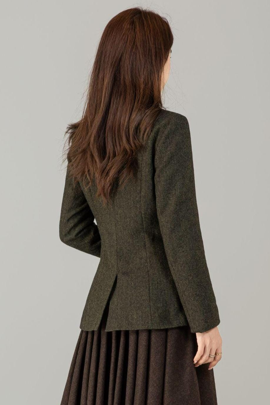 Vintage Style Wool Herringbone Blazer, Olive Green Jacket, Custom Coat, Custom, Xiaolizi 6496#
