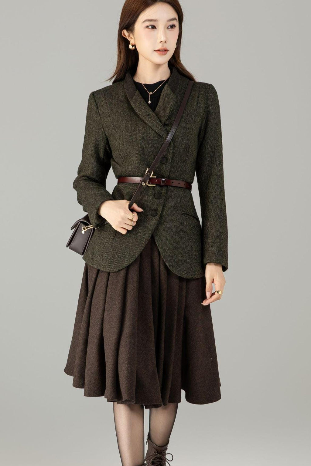 Vintage Style Wool Herringbone Blazer, Olive Green Jacket, Custom Coat, Custom, Xiaolizi 6496#