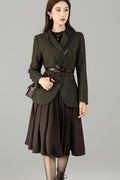 Vintage Style Wool Herringbone Blazer, Olive Green Jacket, Custom Coat, Custom, Xiaolizi 6496#