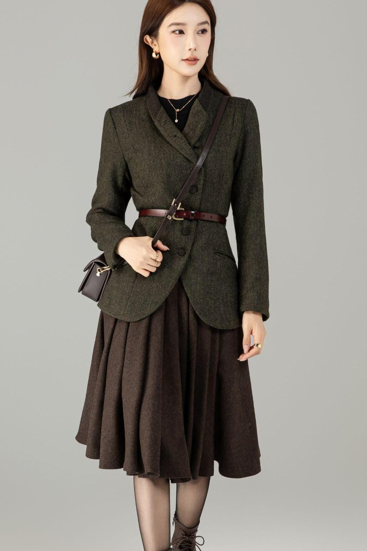 Vintage Style Wool Herringbone Blazer, Olive Green Jacket, Custom Coat, Custom, Xiaolizi 6496#