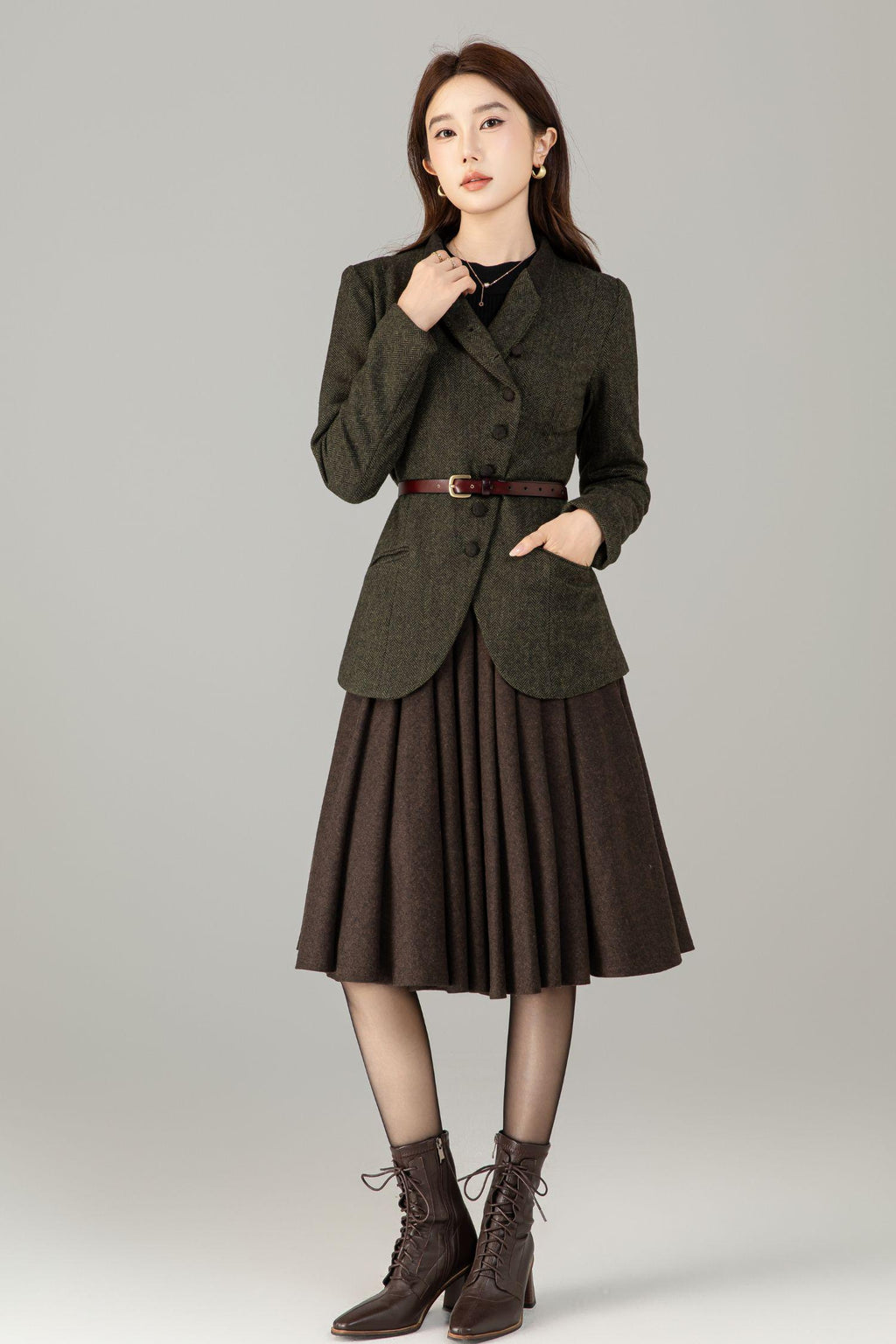 Vintage Style Wool Herringbone Blazer, Olive Green Jacket, Custom Coat, Custom, Xiaolizi 6496#