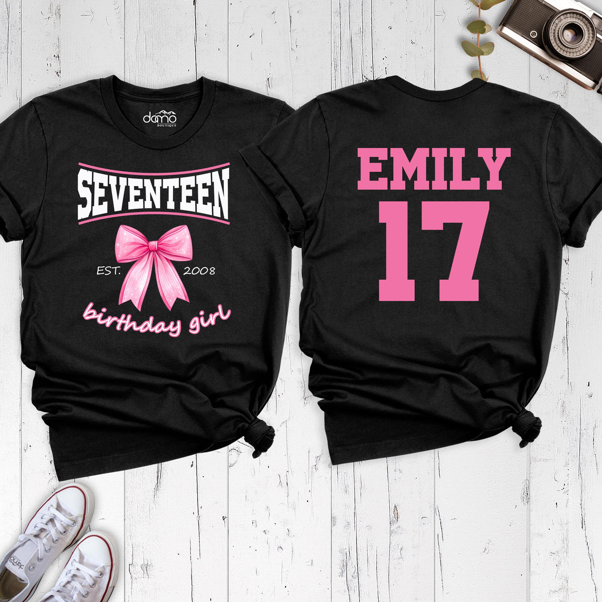 Custom 17th Birthday Girl Shirt Pink Bow Seventeen Bday Tee, Birthday Name Shirt, 17 Year Old Birthday Shirt,  Coquette Birthday Gift Shirt