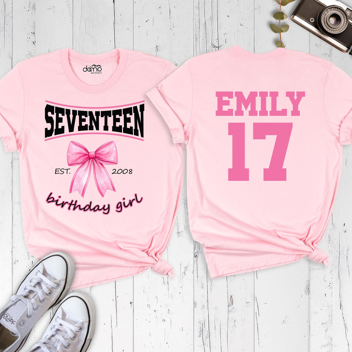 Custom 17th Birthday Girl Shirt Pink Bow Seventeen Bday Tee, Birthday Name Shirt, 17 Year Old Birthday Shirt,  Coquette Birthday Gift Shirt