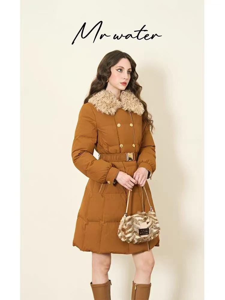 Vintage Style Winter Down Short Coat Caramel Brown Color Winter Jacket with Belt