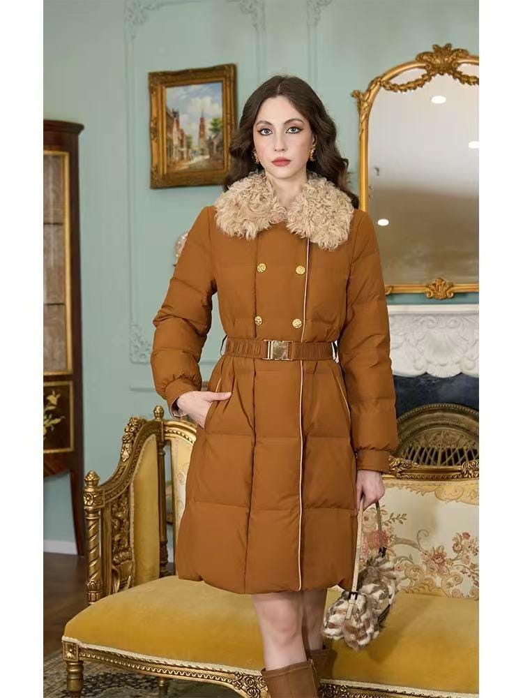 Vintage Style Winter Down Short Coat Caramel Brown Color Winter Jacket with Belt