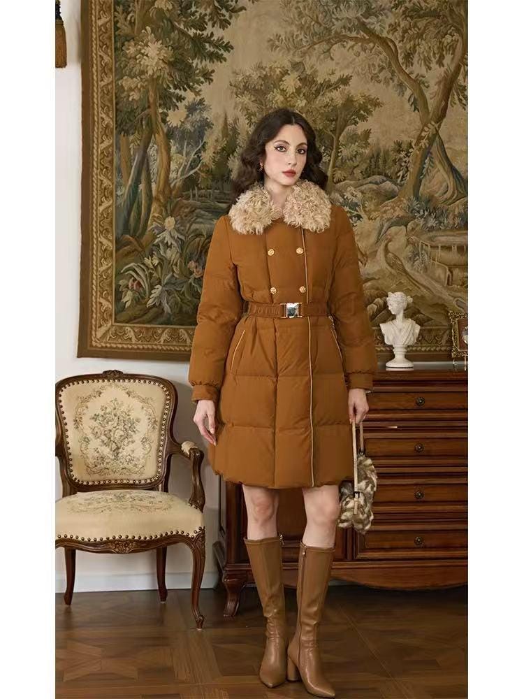 Vintage Style Winter Down Short Coat Caramel Brown Color Winter Jacket with Belt