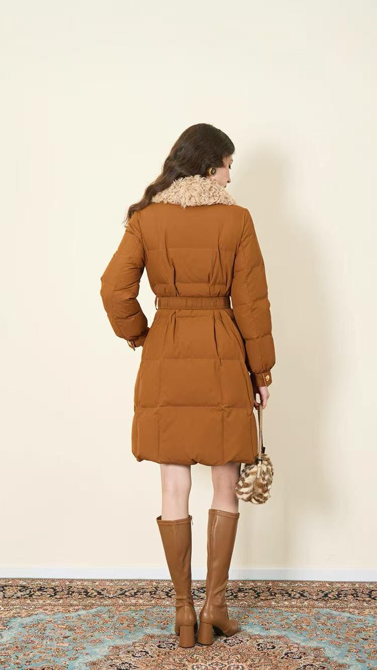 Vintage Style Winter Down Short Coat Caramel Brown Color Winter Jacket with Belt