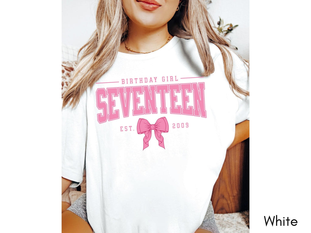 Pink Bow 17th Birthday Shirt, Coquette University Style Girls Birthday Party Tee, 17 Year Old Birthday Gift, Year Est., Seventeenth B-Day