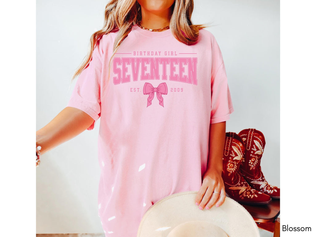 Pink Bow 17th Birthday Shirt, Coquette University Style Girls Birthday Party Tee, 17 Year Old Birthday Gift, Year Est., Seventeenth B-Day