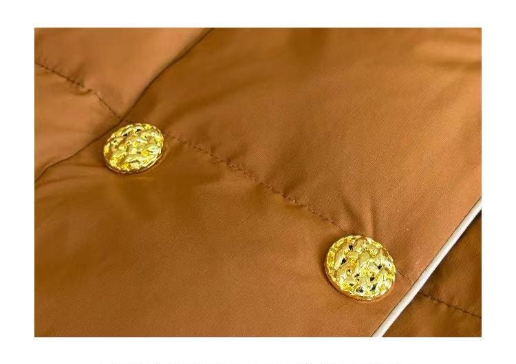 Vintage Style Winter Down Short Coat Caramel Brown Color Winter Jacket with Belt