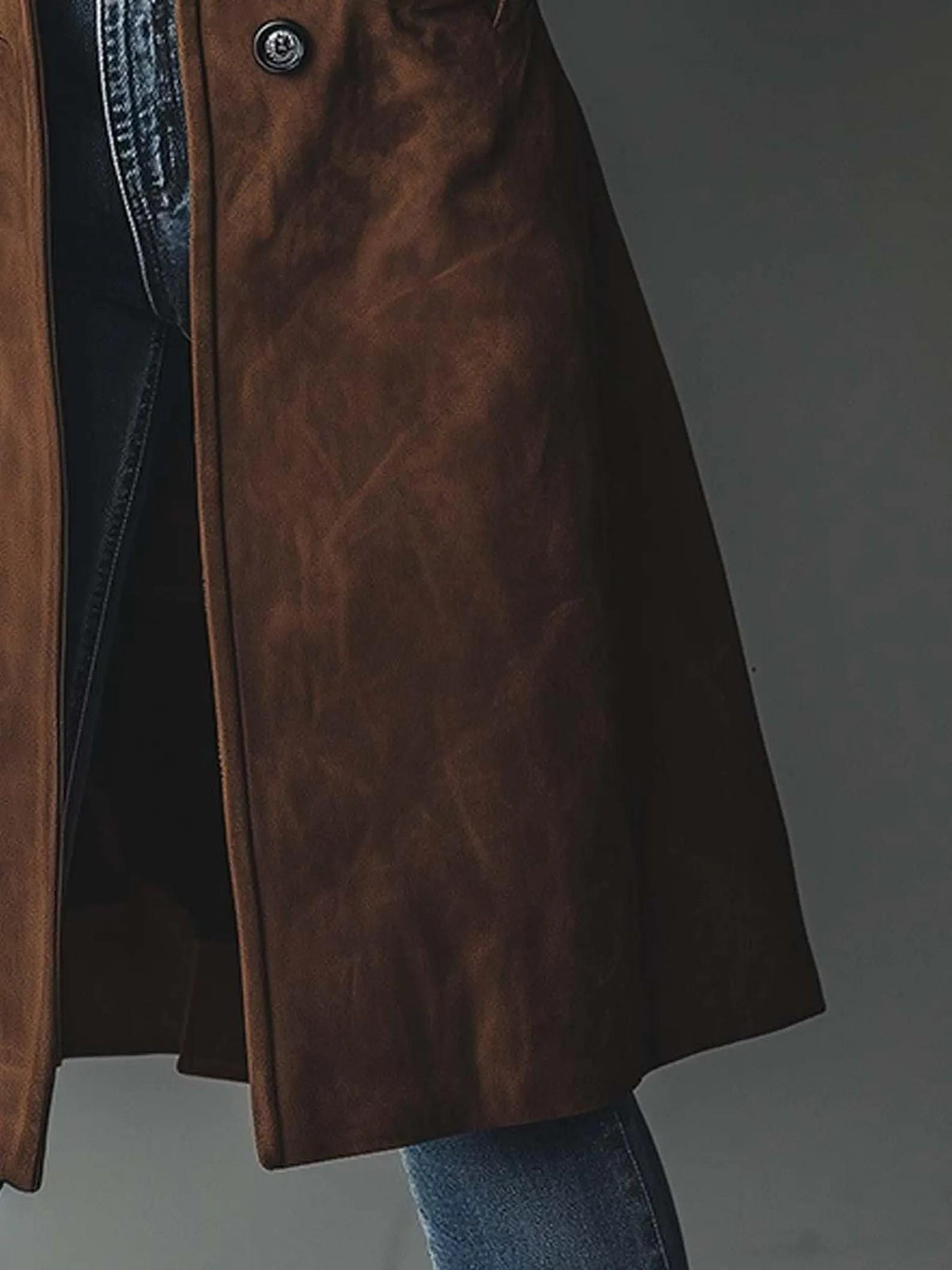 Women's Vintage-Inspired Brown Real Suede Trench Coat handmade Long Button-Up Fall Jacket.