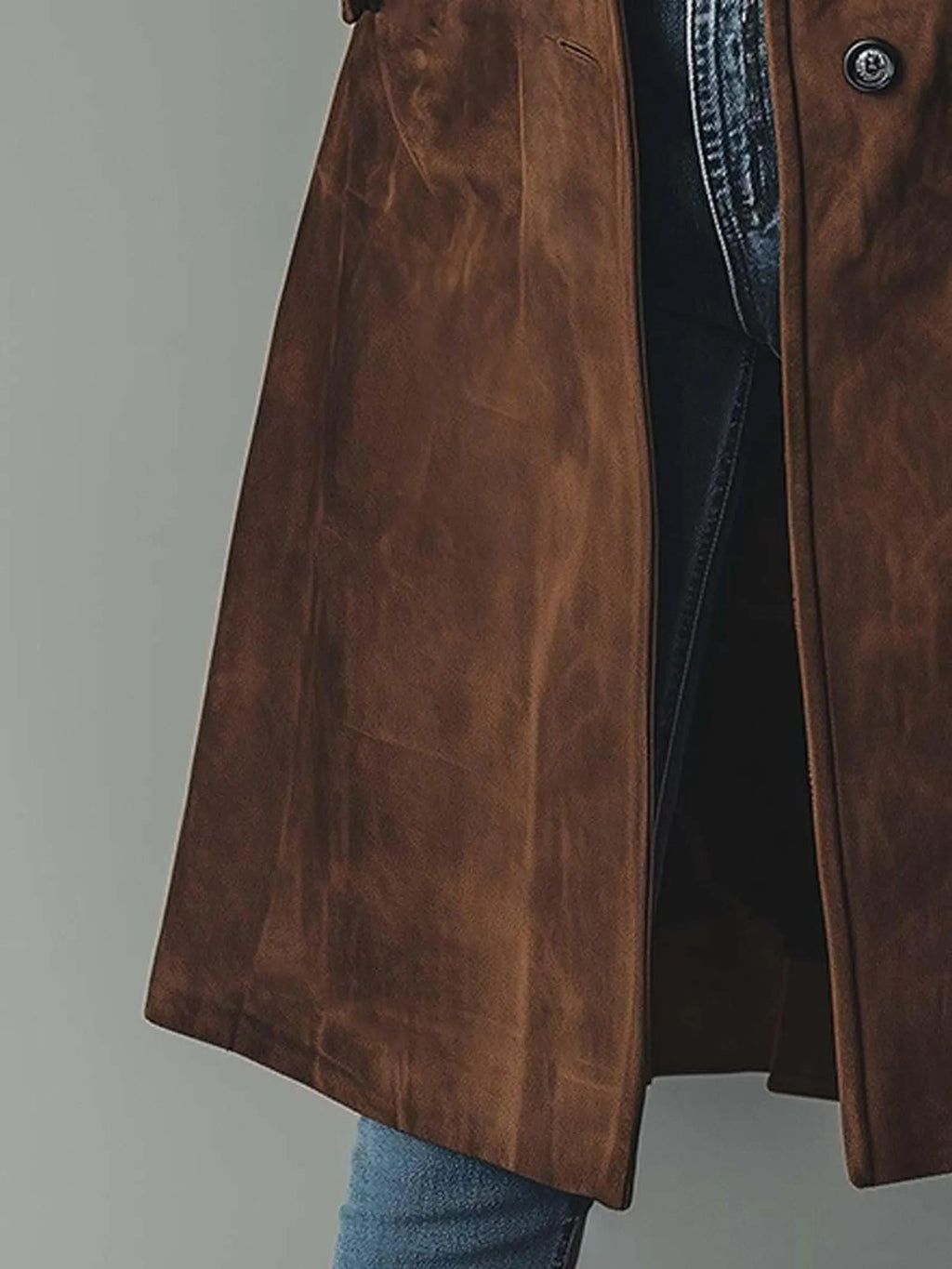 Women's Vintage-Inspired Brown Real Suede Trench Coat handmade Long Button-Up Fall Jacket.