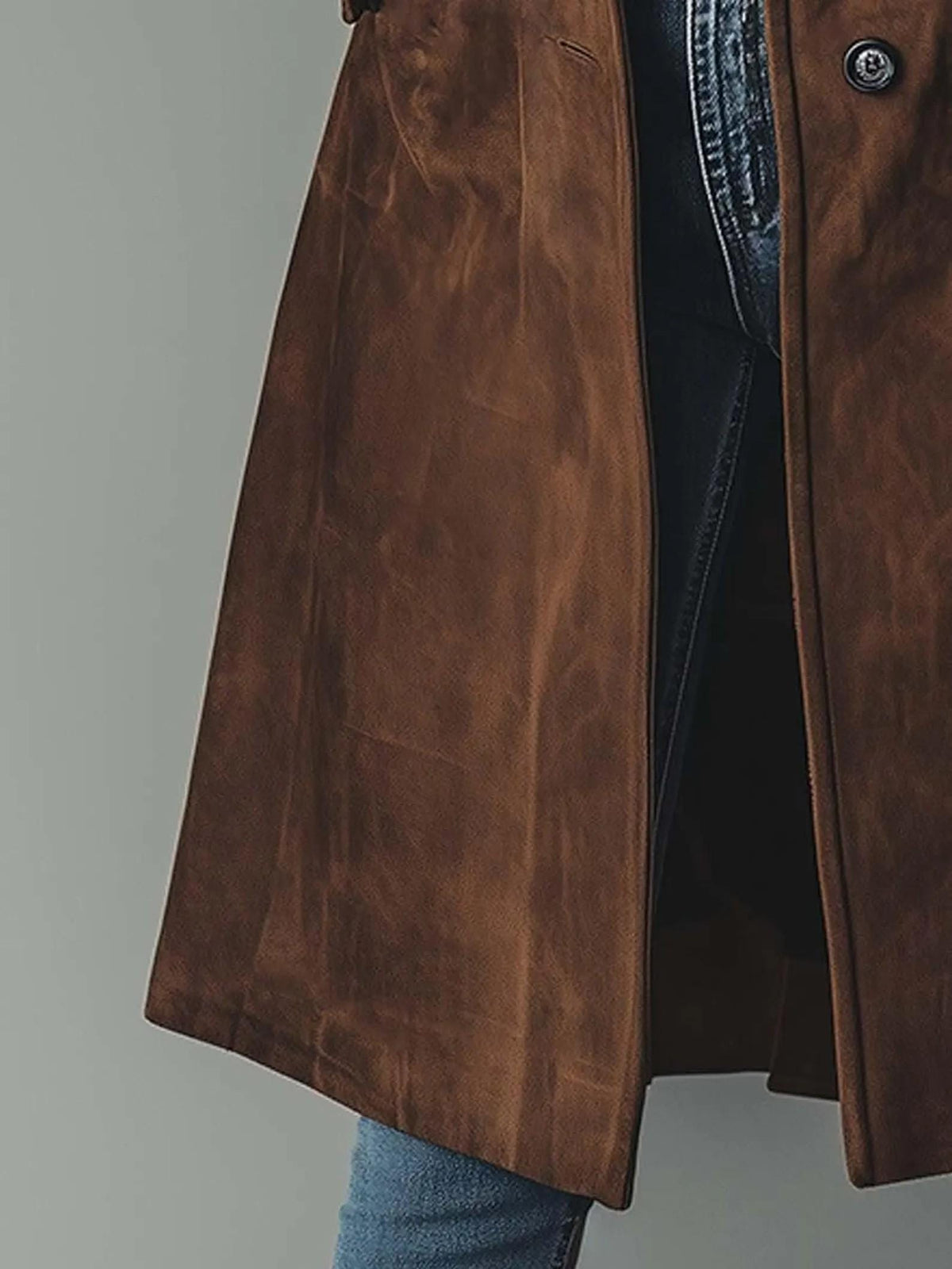 Women's Vintage-Inspired Brown Real Suede Trench Coat handmade Long Button-Up Fall Jacket.