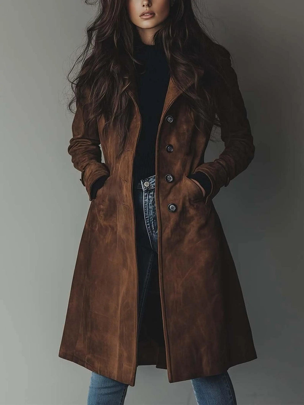 Women's Vintage-Inspired Brown Real Suede Trench Coat handmade Long Button-Up Fall Jacket.
