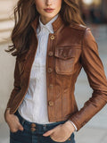 Vintage Brown Leather Jacket | Fitted Short Coat, Chic Fall Fashion Jacket